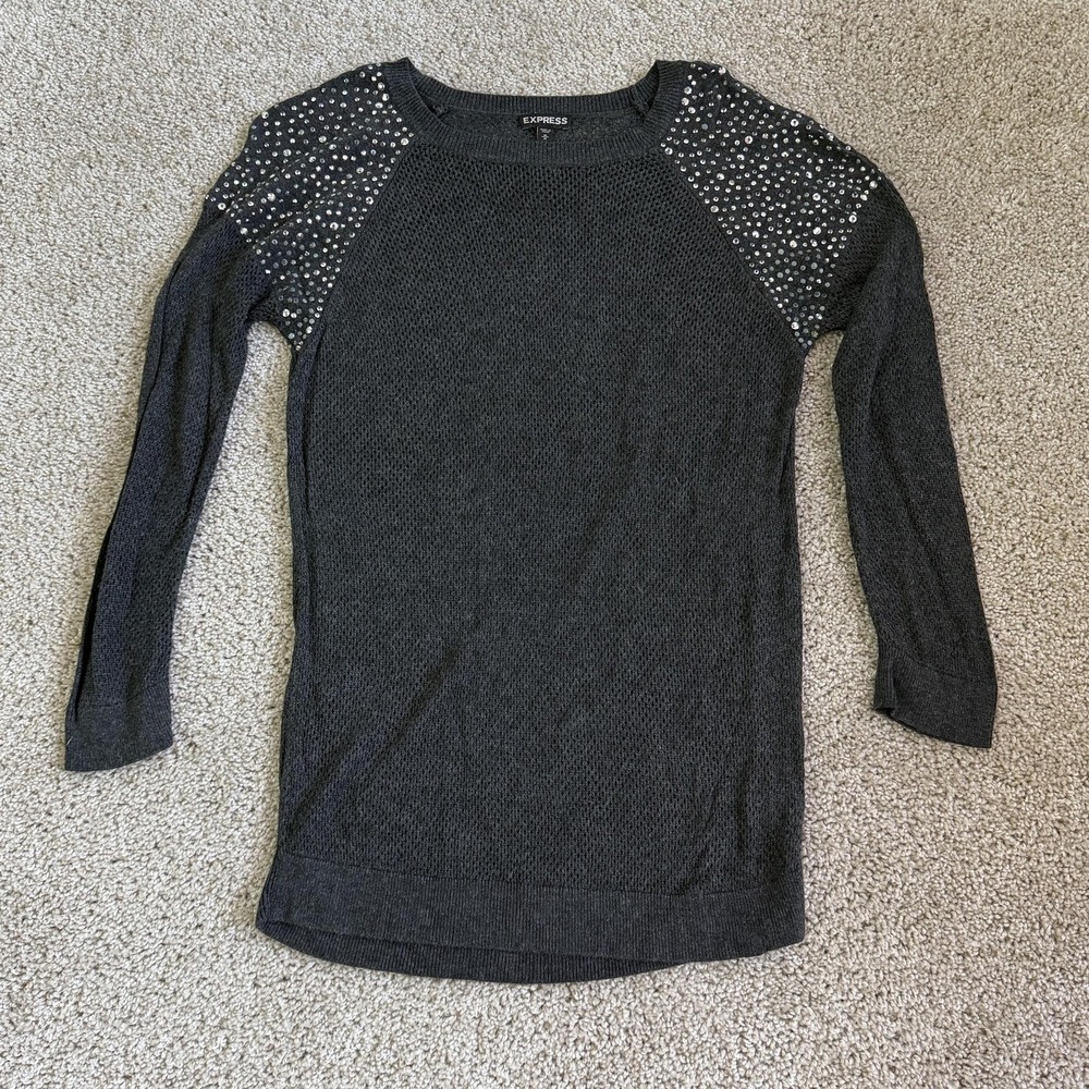 Express Sweater Womens Medium Gray Studded Raglan Open Knit Tunic Lightweight